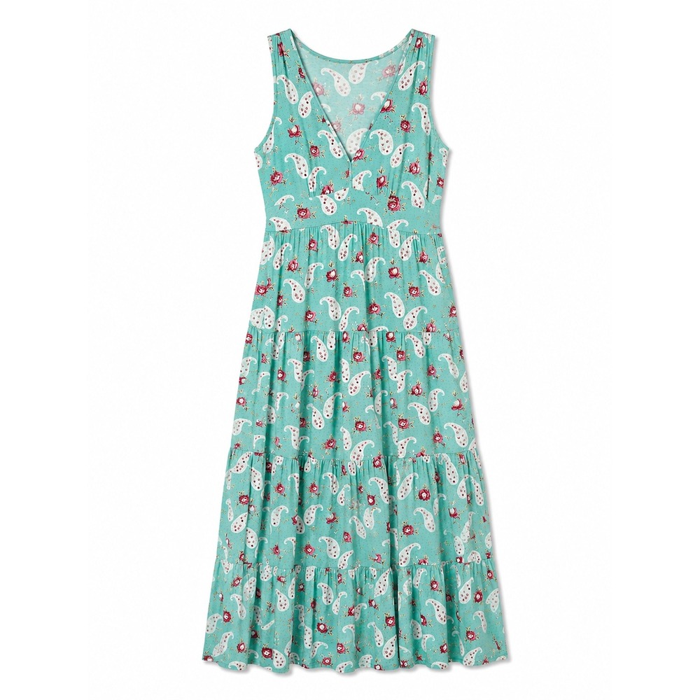 Garnet Hill Tiered Maxi Dress Sleeveless V-Neck Multi-Print Aqua Small Coastal